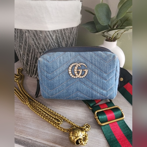 Gucci Marmont Denim Pouch Crossbody Bag Pearl GG Logo - Picture 1 of 13